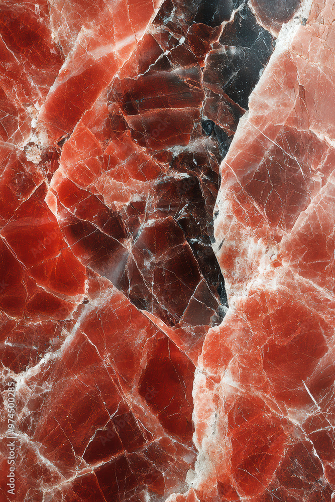 Poster close-up of a vibrant red marble texture with intricate white and black veining patterns, creating a