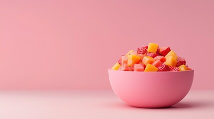 Colorful fruit salad in a pink bowl against a pastel pink background, perfect for summer freshness and healthy eating.