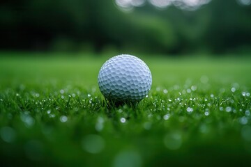 Obraz premium closeup of a pristine white golf ball perched atop a wooden tee set against a softfocus green backdrop morning dew glistens on the grass capturing the essence of a fresh start on the course