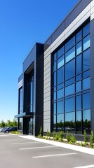 Obraz premium A modern industrial building with black and white metal cladding, featuring large windows for natural light and steel frames