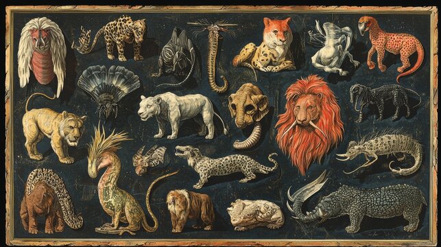 Watercolor Painting of Fantastic Creatures in Gold Frame