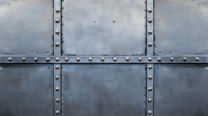 Close-up of industrial metal surface with rivets, featuring a rugged and durable texture with a grey tone. Ideal for backgrounds and industrial design elements.