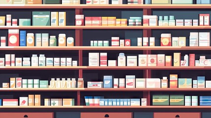 A pharmacy store with shelves filled with various medications and health products, neatly organized for easy access.