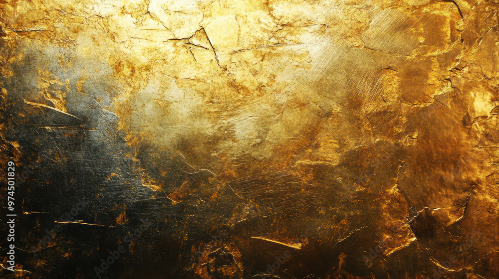 Poster abstract close-up of a textured gold foil background with a shiny metallic finish, perfect for addin