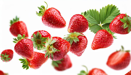 Falling strawberry isolated on white background selective focus