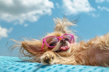 Naklejka premium A playful dog enjoying the sun, wearing stylish pink sunglasses, exuding joy and relaxation outdoors.