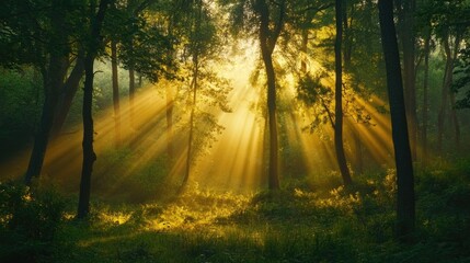 A picturesque forest with rays of sunlight shining through the trees, symbolizing the beauty and importance of preserving nature.