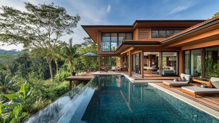 Obraz premium A tropical architecture blends indoor and outdoor living, with open-air pavilions, infinity pools, and lush gardens creating a seamless connection with nature.
