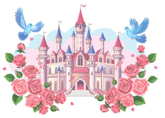 A wonderful cute princess castle in a fairytale style, pink design. Magic kingdom. Vintage Palace and beautiful flower meadow with rainbow. Wonderland. Children cartoon illustration for girl.