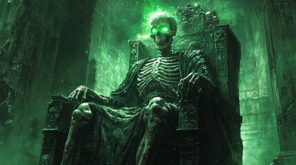 Fototapeta premium Skeleton King on Throne in Green Glowing Ruins