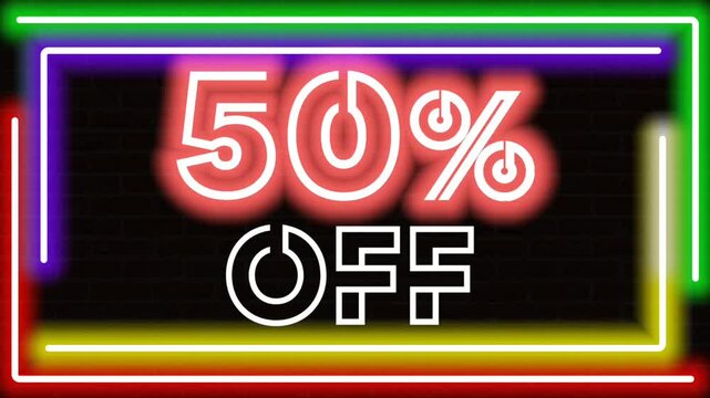 Neon animation of text and numbers showing 50% OFF in red and blue with a blinking effect, and four colorful neon progress lines forming a rectangular frame against a brick wall background