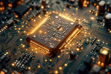 Obraz premium closeup of intricate electronic circuitry vibrant blues and greens copper traces complex patterns miniature components futuristic feel symbol of technological advancement