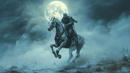 Naklejka premium Grim Reaper Riding Horse Under Full Moon