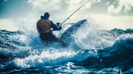 Obraz premium A man is fishing in a small boat on rough water.