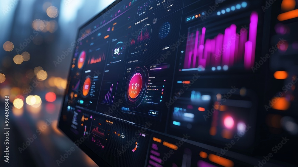 Poster futuristic digital interface with graphs and charts on screen