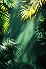 Obraz premium Tropical leaves casting shadows on a green wall, creating a serene, exotic ambiance with vibrant foliage.