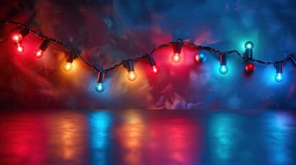 Colorful string lights illuminate a festive evening with vibrant hues and reflections on a smooth surface. Generative AI
