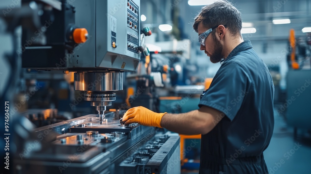 Poster a worker operates a cnc machine, crafting intricate metal parts with high precision. the manufacturi
