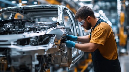A worker in an automotive manufacturing plant installs parts on an assembly line. The plant is a complex operation, with each station contributing to the production of high-quality vehicles.