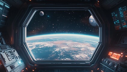 A breathtaking view of Earth from a futuristic space station during a serene moment in space with distant celestial bodies visible