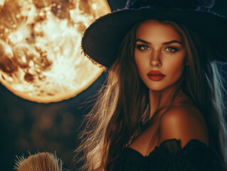 A beautiful, charming witch, close-up, in a hat holding a broom and in the background full moon, at night. Halloween.