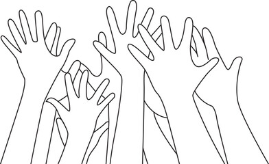 Many hands raised up against the sky  stroke line vector.