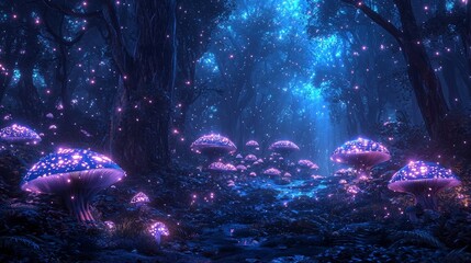 Enchanting Forest Path with Glowing Mushrooms and Fireflies at Night
