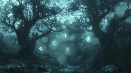 Obraz premium Mystical Forest Path with Glowing Orbs