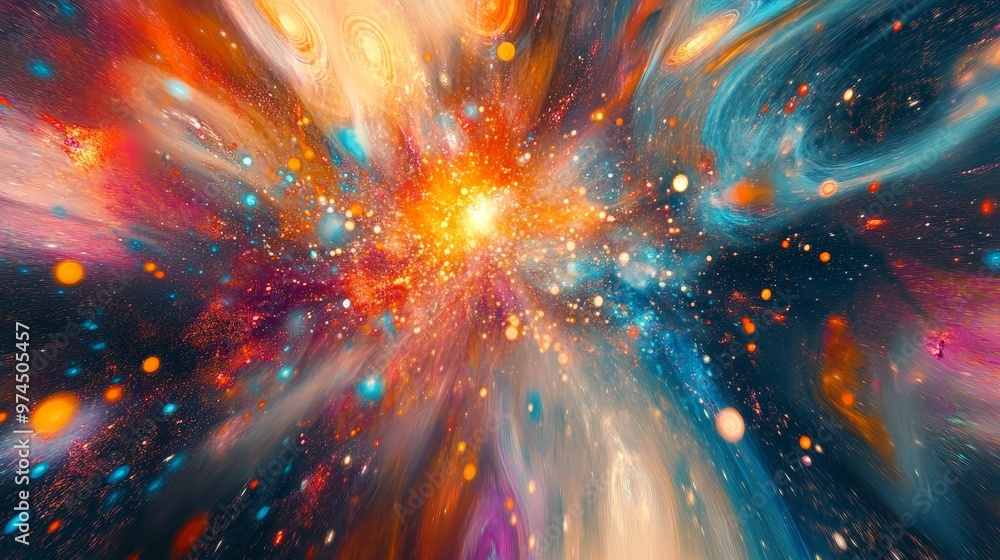 Poster an abstract psychedelic space scene featuring a fusion of radiant cosmic phenomena. twisting galaxie