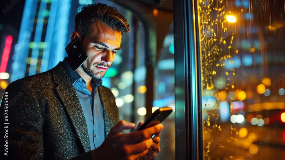Aufkleber man using cellphone at night illuminated cityscape with rain streaks generative ai