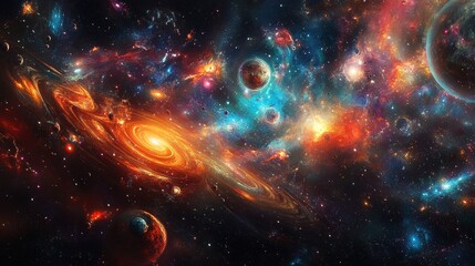 Obraz premium An abstract psychedelic space scene featuring a fusion of radiant cosmic phenomena. Twisting galaxies and vivid, shifting colors create a surreal and visually captivating depiction of the universe.