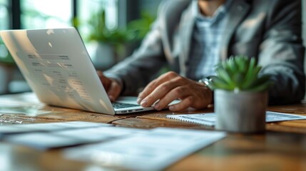 A focused professional working on a laptop in a modern office filled with plants during the afternoon. Generative AI