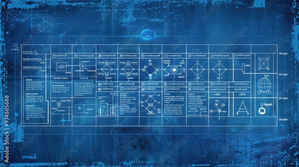 Poster blueprint of the periodic table with interactive elements explaining how element properties change a