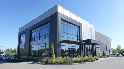 A modern industrial building with black and white metal cladding, featuring large windows for natural light and steel frames