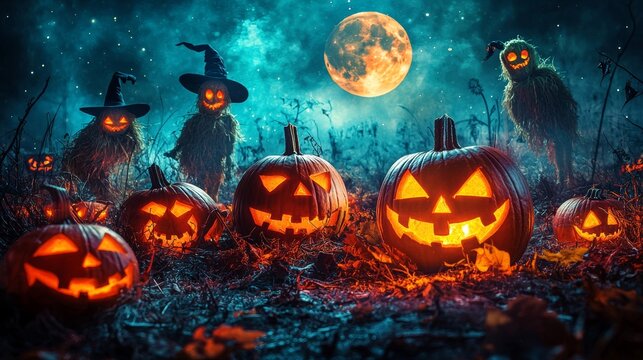 Spooky Halloween Pumpkins and Scarecrow Silhouettes Under a Full Moon