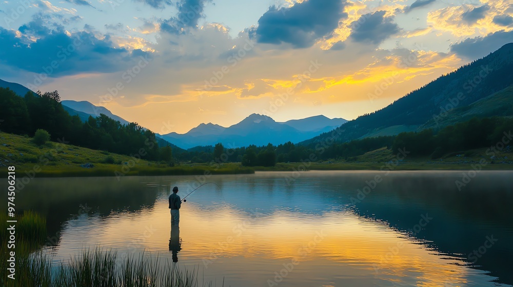 Sticker A man fly fishing in a lake at sunset.