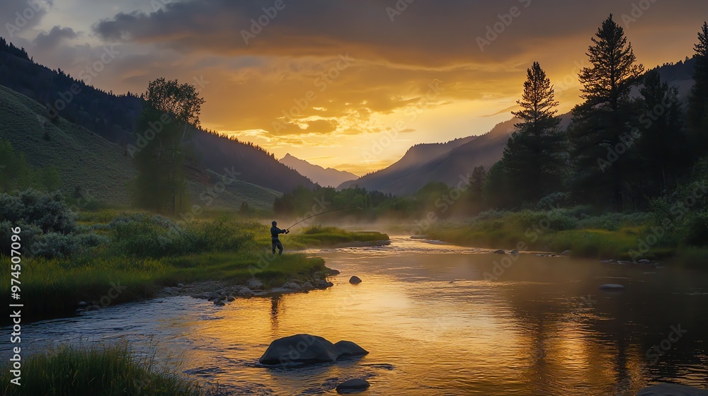 Canvas Prints A man is fishing in a mountain stream at sunset.