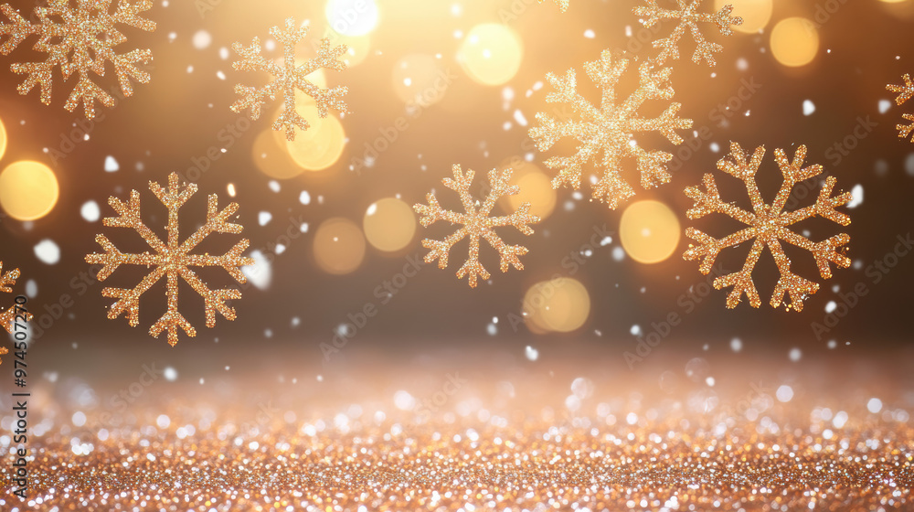 Poster golden snowflakes twinkling with sparkling lights and bokeh background create a festive and magical 