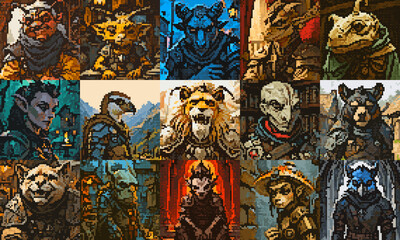 Obraz premium Fantasy world characters in portraits ready for war and battle, Merchants and guards, Pixel art portraits grid