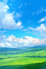 Fototapeta premium Serene Grassland Wallpaper with Green Meadows, Blue Sky, and White Clouds
