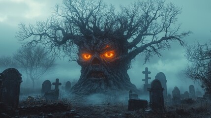Spooky Tree with Glowing Eyes in Foggy Graveyard