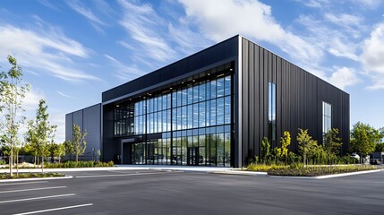 A modern industrial building with black and white metal cladding, featuring large windows for natural light and steel frames