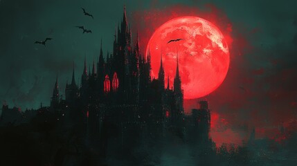 Obraz premium Gothic Castle Silhouette with Blood Moon and Bats