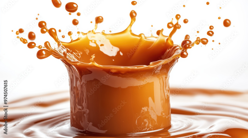 Poster a dynamic splash of caramel liquid creating intricate droplets and patterns, captured in motion agai