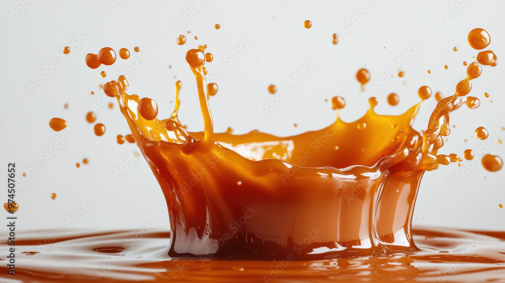 Poster close-up shot of a vibrant orange liquid splash creating a crown-like shape against a clean white ba