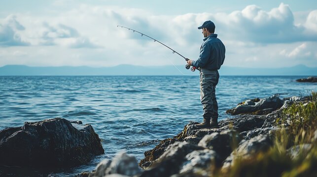 A man is fishing from a rocky point on the ocean shore. - Powered by Adobe