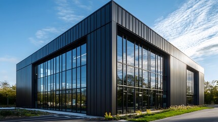 Fototapeta premium A modern industrial building with black and white metal cladding, featuring large windows for natural light and steel frames