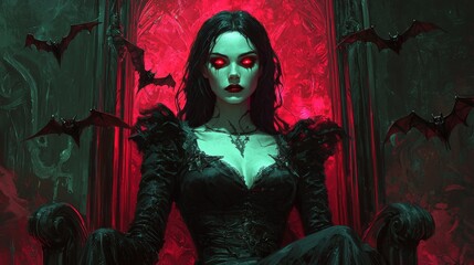 Vampire Queen on Throne with Bats