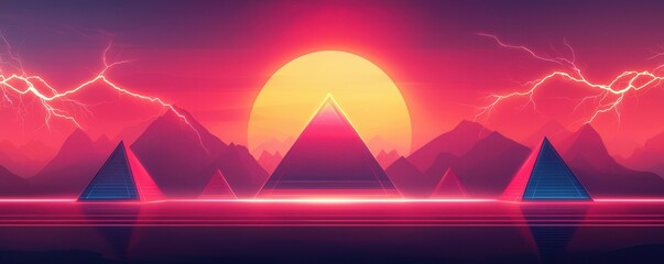 Retro Futuristic Landscape with Pyramids and Lightning.