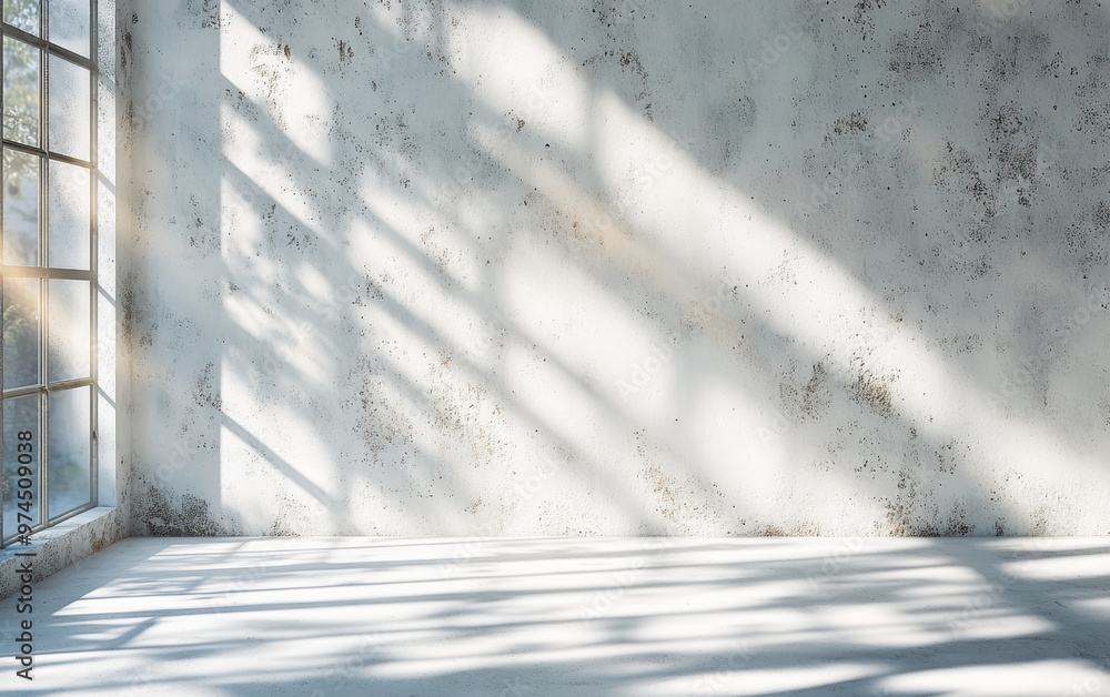 Poster sunlight casts shadows through a large window, illuminating an empty, weathered concrete wall and fl